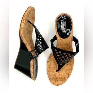 COACH Brookk  Black Patent Leather Signature C Cork Wedge Sandals. Size 8.5 B